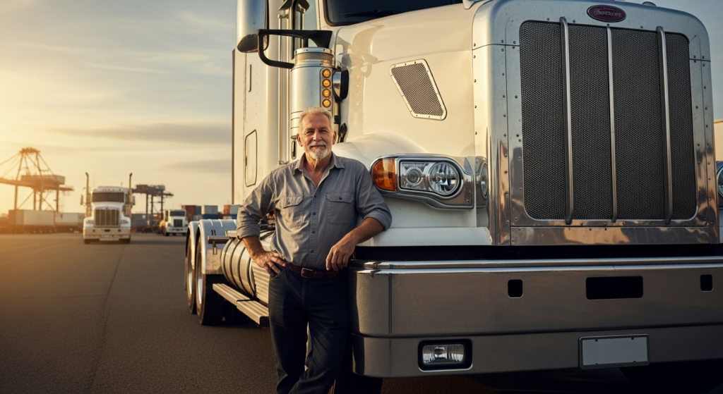 Conductor profesional veterano junto a un camión de transporte de mercancías
