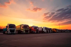 Flota de camiones para transporte de mercancías al atardecer - Martin & Garcia e Hijo.