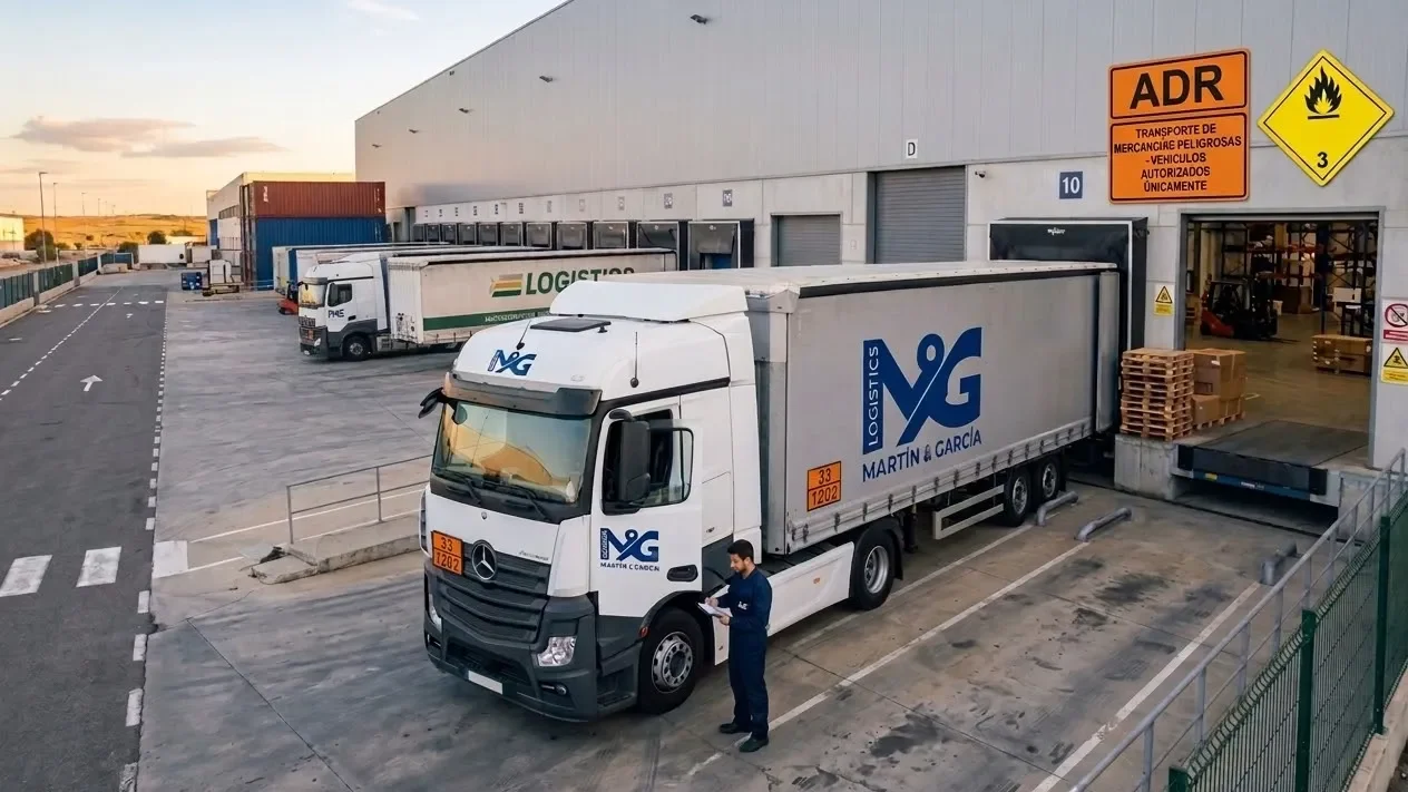 Un moderno camión articulado de la flota propia de M&G Martín & García e Hijo con remolque para transporte nacional y logística industrial para ADR.