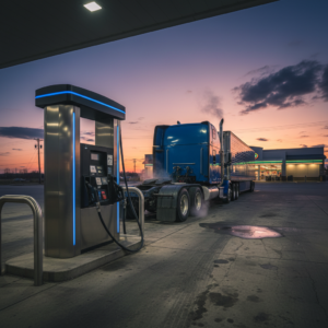 Camión repostando gasóleo en una estación de servicio, simbolizando los altos costes del combustible en el transporte.