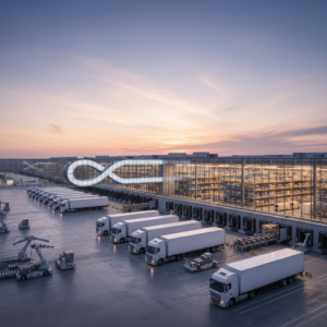 Centro logístico moderno con camiones y tecnología de almacén avanzada
