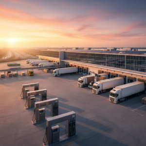 Camiones de transporte en un centro logístico con surtidores de gasóleo, simbolizando la subida de precios y su impacto en el
