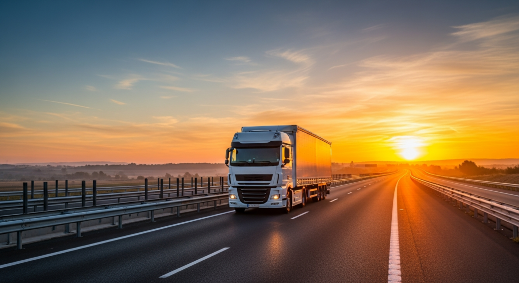 Camión de transporte de mercancías circulando por carretera en España