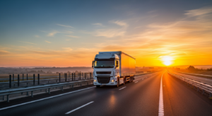 Camión de transporte de mercancías circulando por carretera en España