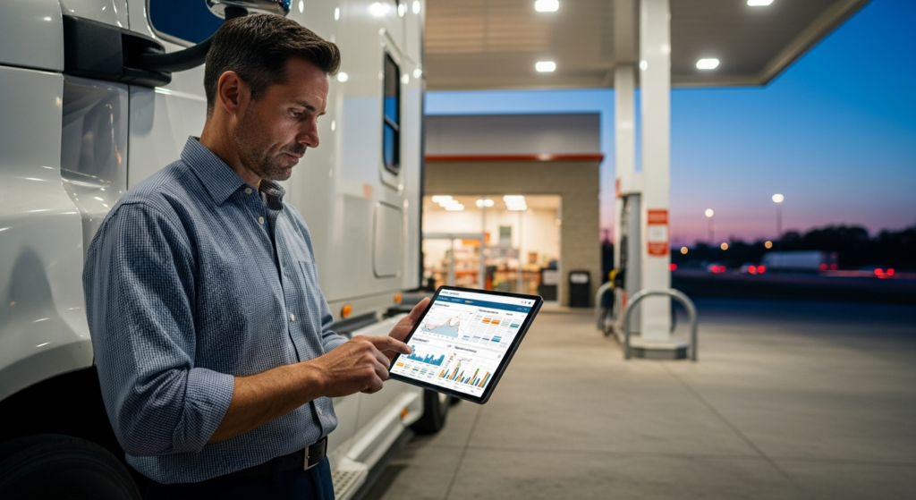 Camionero consultando datos financieros en una tablet sobre ayudas al transporte y costes de combustible