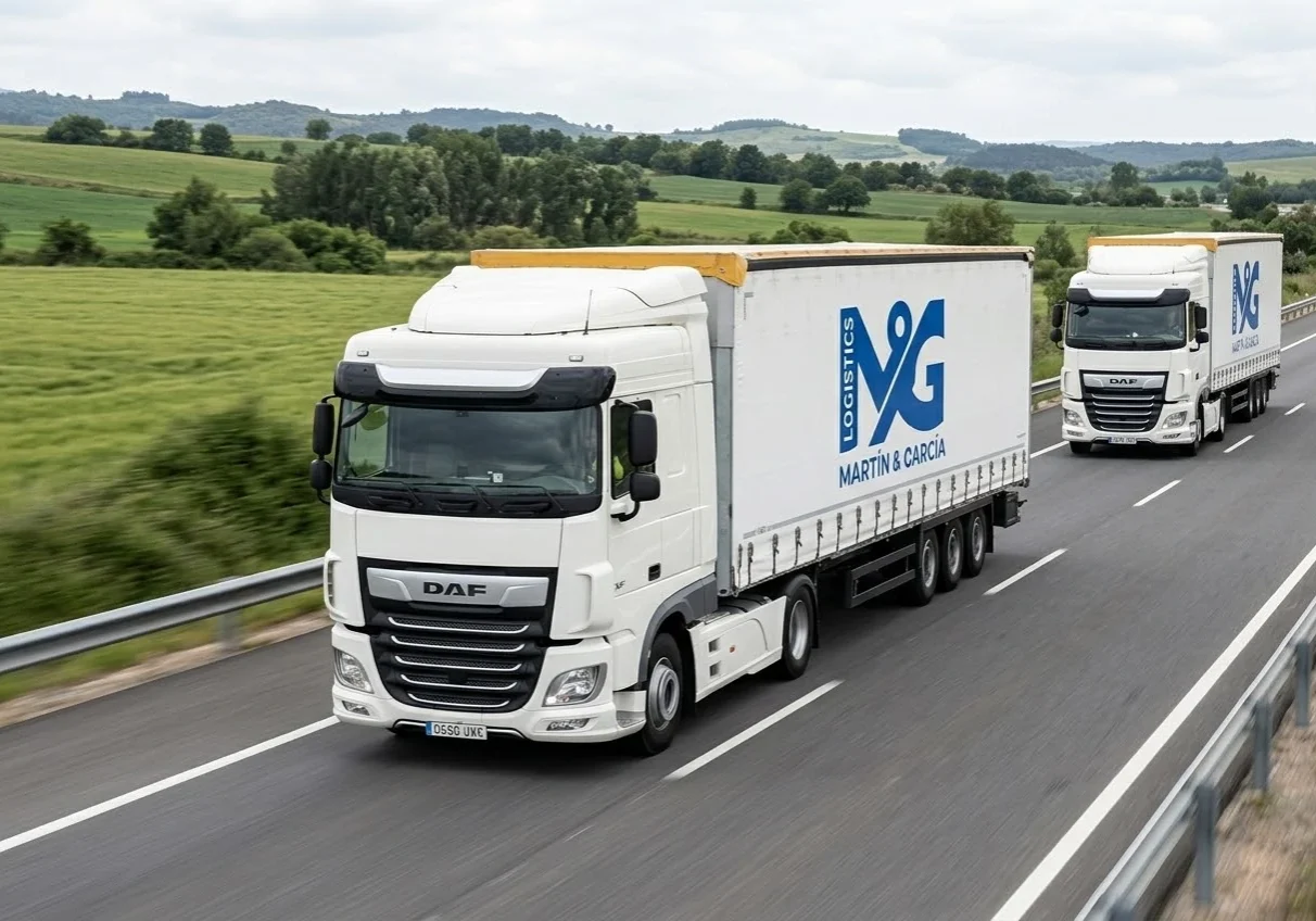 Dos trailers DAF de la flota propia de Martín & García circulando en ruta nacional para transporte de carga completa.