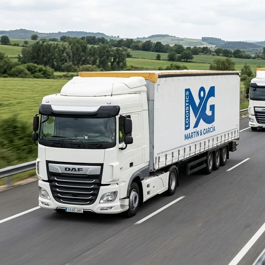 Dos trailers DAF de la flota propia de Martín & García circulando en ruta nacional para transporte de carga completa.